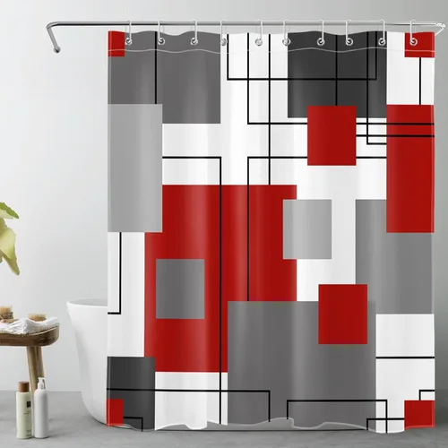 Miniatura 23 de LB Cortina de ducha geométrica a rayas grises y blancas, cortinas de ducha abstractas de mediados de siglo verde salvia para baño, 72 x 72 pulgadas