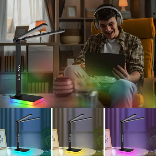 Miniatura 6 de Lámpara de escritorio LED para oficina en casa, puerto de carga USB, luz de escritorio de lectura con 5 temperaturas de color, atenuación continua