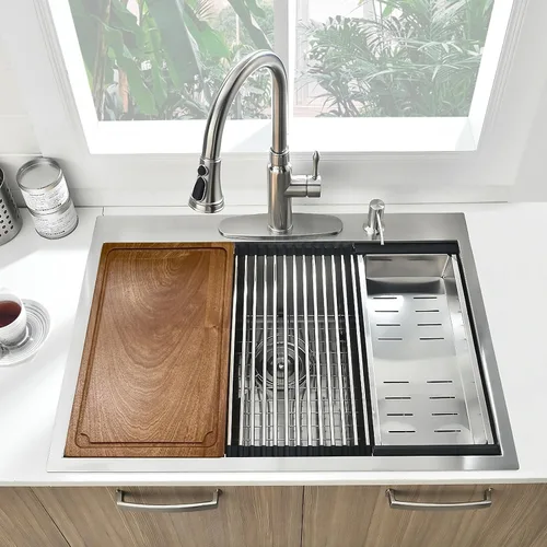Fregadero de cocina de 33 x 19 pulgadas, estación de trabajo de montaje superior, de acero inoxidable calibre 16, fregadero de cocina de un solo