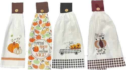 Miniatura 7 de Juego de 4, toallas de cocina 100% algodón para Halloween y otoño, con lazo para Halloween, Día de Acción de Gracias, calabaza y otoño, hecho