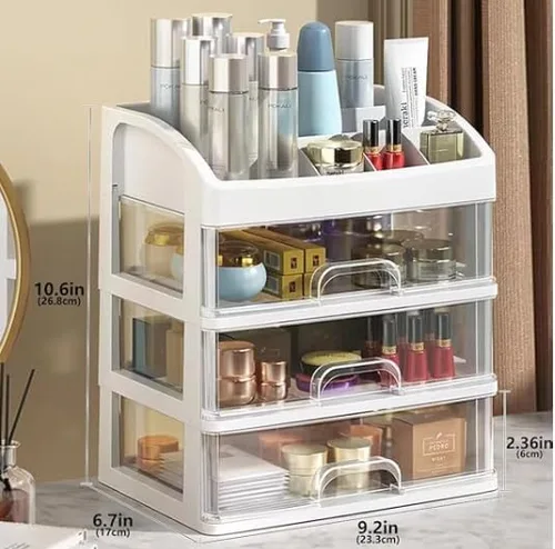 Miniatura 2 de Organizador de maquillaje con 3 cajones, vitrinas de cosméticos, caja de almacenamiento de maquillaje (3 cajones) (blanco)