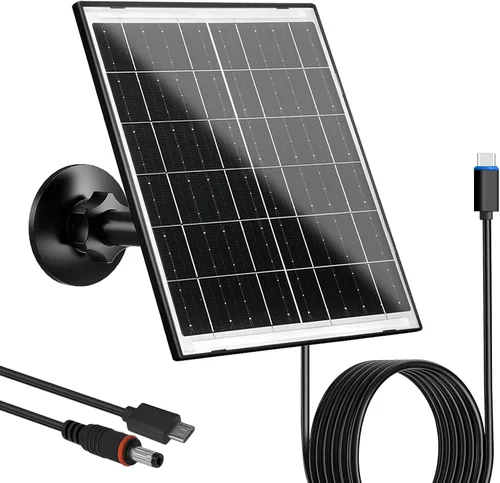Zivif Panel Solar para Cámara de Seguridad, Cargador Solar de 10W Compatible con Cámara Alimentada por Batería, USB-C, Micro USB y Puerto DC