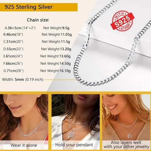 Miniatura 6 de PROSTEEL 925 Sterling Silver Cuban Link Chain Necklace, Dainty Figaro Chains, Solid & Shiny, 3mm5mm, 14-28 inch, Come Gift Box
