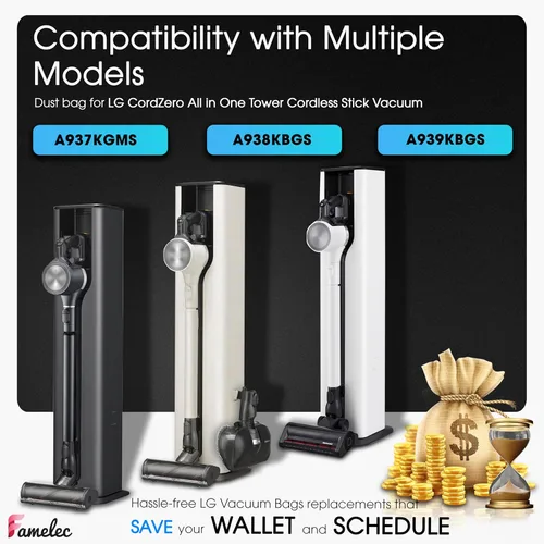 Miniatura 4 de Paquete de 10 bolsas de aspiradora LG, compatibles con LG CordZero todo en uno, aspiradora de torre A939KBGS A938KBGS A937KGMS, bolsas de repuesto