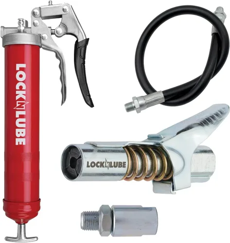 LockNLube Pistola de Grasa de Servicio Pesado con Empuñadura de Pistola (Roja). Incluye nuestro Acoplador de Grasa LockNLube® patentado (Se Bloquea,