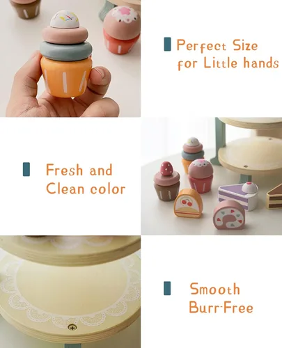Miniatura 6 de Juego de comida de postre de madera, juego de comida para niños, juego de fiesta de té para niñas pequeñas, juegos de accesorios de cocina de madera