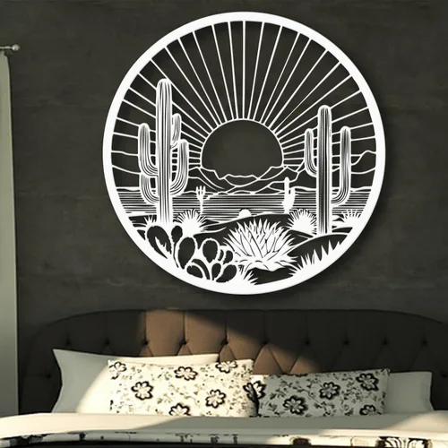 Miniatura 10 de Arte de pared de metal de cactus del desierto, decoración de pared redonda del desierto con diseño de cactus y puesta de sol, arte de pared de metal