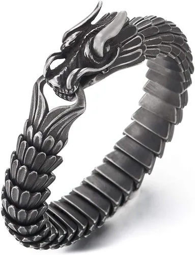 COOLSTEELANDBEYOND Pulsera de cadena de eslabones de dragón de acero para hombre, acabado de metal antiguo vintage, cierre de gancho de resorte,