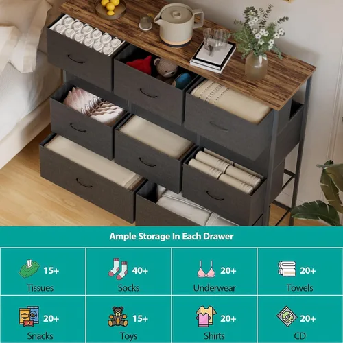 Miniatura 5 de VASICAR Cómoda de tela de 43.3 pulgadas de ancho para dormitorio, cómoda con 11 cajones profundos, soporte de TV con múltiples cajones, organizador