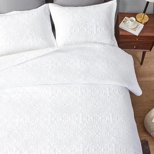 Miniatura 2 de Hansleep - Juego de colcha blanco tamaño queen, colcha de ultrasonido barroca para todas las estaciones, juego de ropa de cama de edredón suave