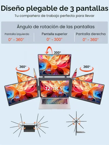 Miniatura 3 de Monitor portátil de triple pantalla de 16 pulgadas para laptop, extensor de pantalla FHD 1200P, 1 cable para monitor cuádruple de 3 pantallas, Gris