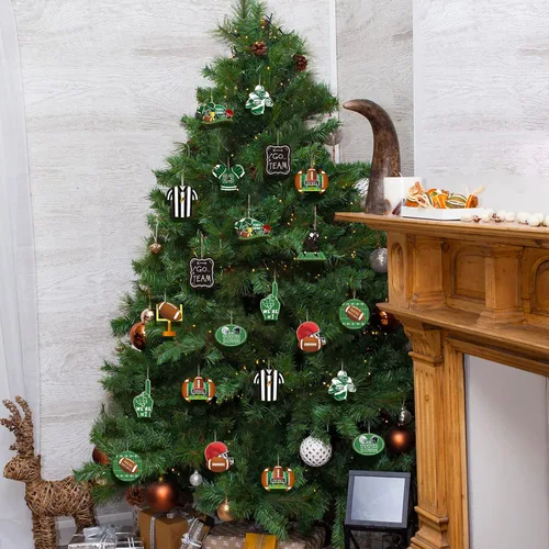 Miniatura 8 de Yulejo 24 adornos colgantes de madera de fútbol para árbol de Navidad, adorno de madera recortado de fútbol, decoración de manualidades, recuerdos