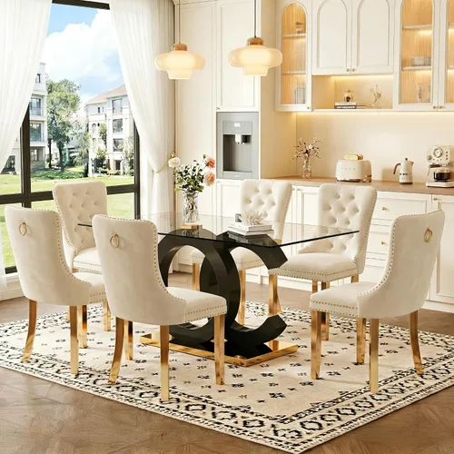 Miniatura 27 de Juego de mesa de comedor de cristal de 63 pulgadas para 6, juego de mesa de comedor moderno para 6, mesa de vidrio templado con patas negras