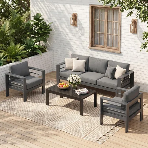 Miniatura 11 de Solaste Aluminum Patio Sofa with Coffee Table,3 PCS Patio Furniture Set with Cushions, All-Weather Outdoor Sofa for Balcony, Deck, Backyard, Porch