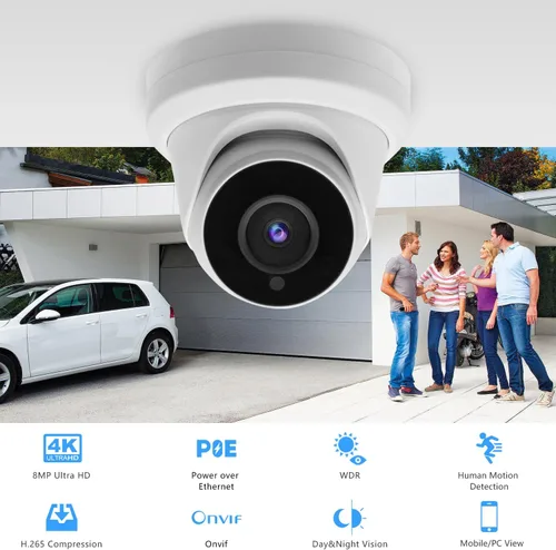 Miniatura 2 de Cámara de torreta IP PoE de 8MP 4K para exteriores, cámara domo de seguridad IP H.265 PoE con visión nocturna de 80 pies, lente de 0.110 in, gran