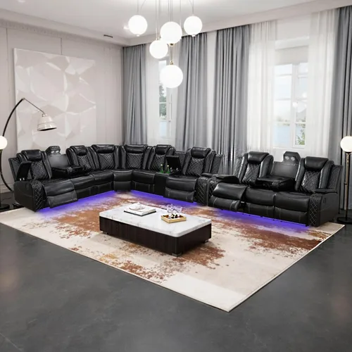 Miniatura 21 de Juego de sofá modular reclinable eléctrico con luz LED, juego de sofá modular reclinable de cuero, incluye sillón reclinable individual, juego