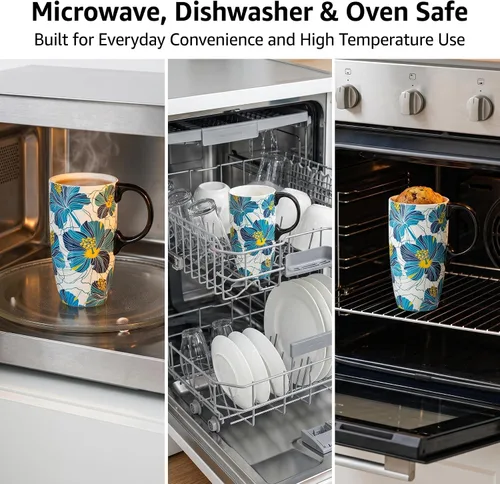 Miniatura 6 de DUSVALLY Taza de Café de Cerámica Taza Alta con Tapa, Taza de Té de Porcelana con Asa para Café con Leche, Capuchino y Cacao, Tazas de Café