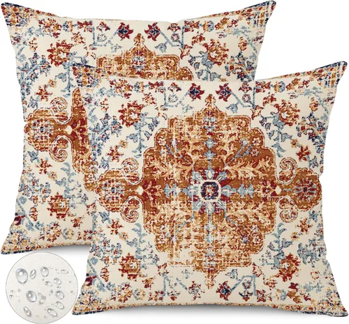 Miniatura 15 de Juego de 2 fundas de almohada impermeables para exteriores de 16 x 16 pulgadas, patrón de alfombra bohemio vintage, diseño étnico negro y gris