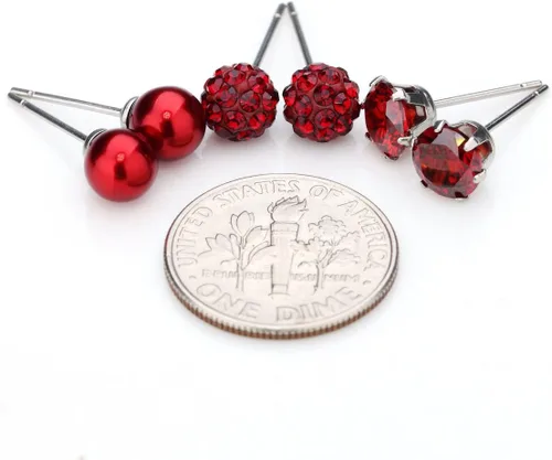 Miniatura 25 de JewelrieShop - Juego de aretes de tuerca de acero inoxidable con circonitas cúbicas y perlas de imitación, 3 pares de 0.236 in