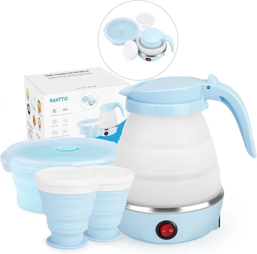 Hervidor Eléctrico Plegable de Viaje, Hervidor Portátil para Agua Caliente Rápida para Té y Café, con 1 Tazón Plegable y 2 Tazas, Silicona de Grado