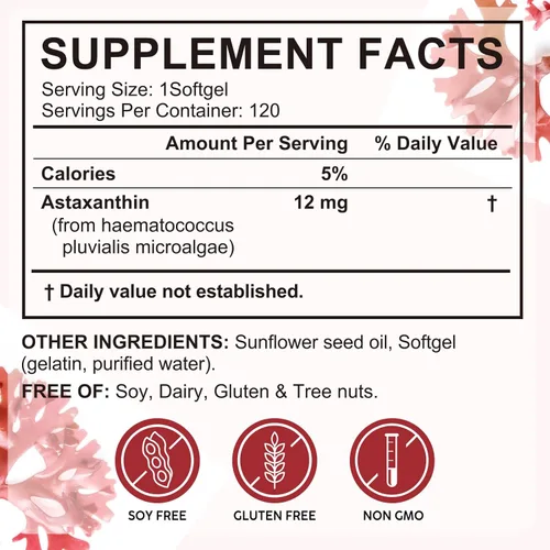 Miniatura 4 de Suplemento de astaxantina premium de 12 mg, 120 cápsulas blandas de astaxantina, fórmula sin OMG y sin gluten, 1 paquete