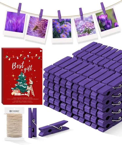 Mini pinzas para ropa para fotos, pequeñas pinzas para ropa de color morado, paquete de 100 clips de madera arcoíris coloridos con cuerda de 32 pies