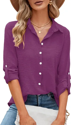 Miniatura 20 de Odosalii - Camisas con botones para mujer, con cuello en V, manga larga, enrolladas, blusas elegantes y formales para negocios y ocasiones casuales