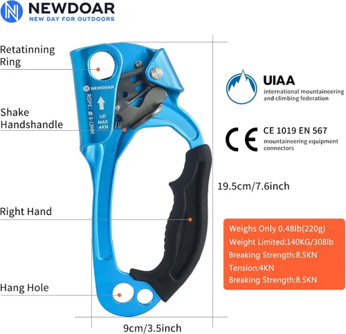 Miniatura 2 de NewDoar Certificado UIAA y CE - Ascendedor de mano para escalada en roca, arborista, equipo de rapel para cuerda de 8~13MM Azul Pro-Derecha