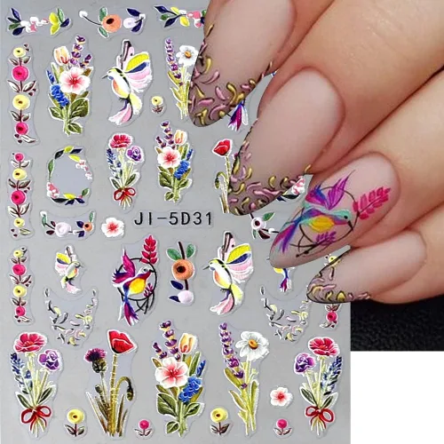 Miniatura 6 de Calcomanías de uñas bronceadas en relieve 5D, 3 hojas de flores de primavera, hierba, pájaro, calcomanías de arte de uñas, accesorios de uñas