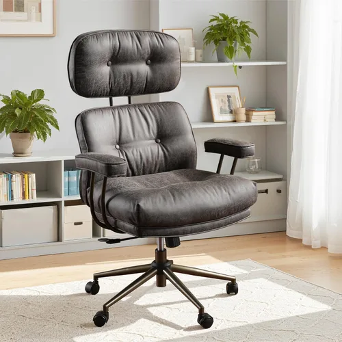 Miniatura 19 de Silla de oficina con 360 ruedas, silla de oficina de mediados de siglo con soporte para el respaldo, silla de escritorio de piel sintética, ángulo