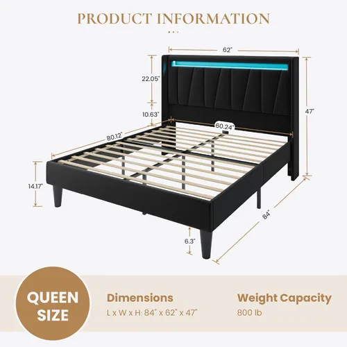 Miniatura 2 de SHA CERLIN - Base de cama Queen con estación de carga y luces LED, cama moderna de plataforma de terciopelo con cabecero tapizado geométrico,