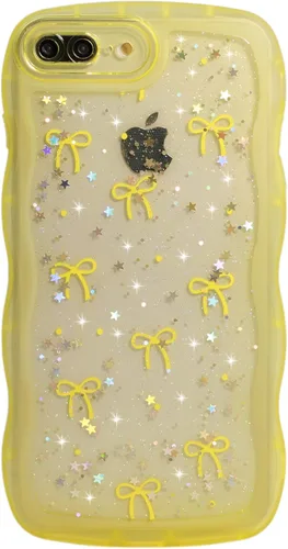 Miniatura 71 de Qokey Funda para iPhone 12 Pro Max de 6.7 pulgadas, diseño de onda rizada, borde transparente, brillante con purpurina, estrella brillante, bonita