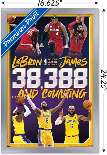 Miniatura 3 de NBA League - Póster de pared de LeBron James All-Time Scoring Leader, 22.4 pulgadas de largo x 14.7 pulgadas de ancho, versión enmarcada plateada