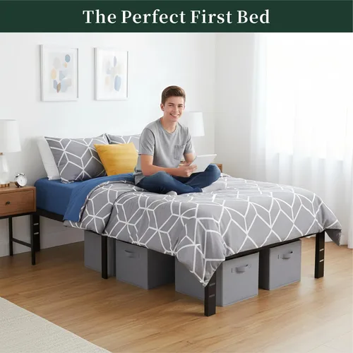 Miniatura 3 de Marco de cama de tamaño individual, marcos de cama de plataforma de metal de 14 pulgadas con soporte de listones de acero resistente, no necesita