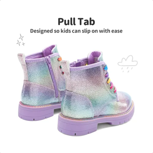 Miniatura 5 de DREAM PAIRS Botas de tobillo con purpurina para niñas y niños, zapatos de combate con cremallera lateral con cordones (bebéniño pequeñoniño grande)
