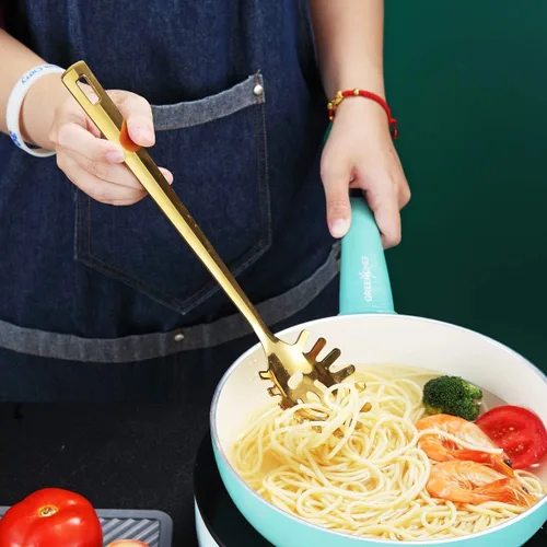 Miniatura 7 de Cuchara de espagueti dorada, servidor de pasta Berglander con chapado en oro de titanio, servidor de espaguetis de acero inoxidable para cocinar