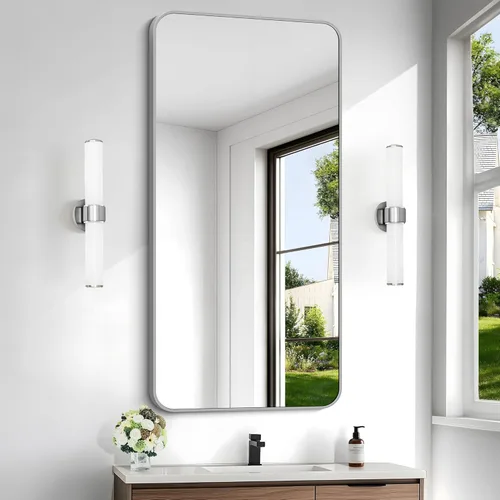 Miniatura 15 de Espejo de baño de 18 x 24 pulgadas con marco de metal negro rectangular, espejo de tocador rectangular de esquinas redondeadas, espejo de pared