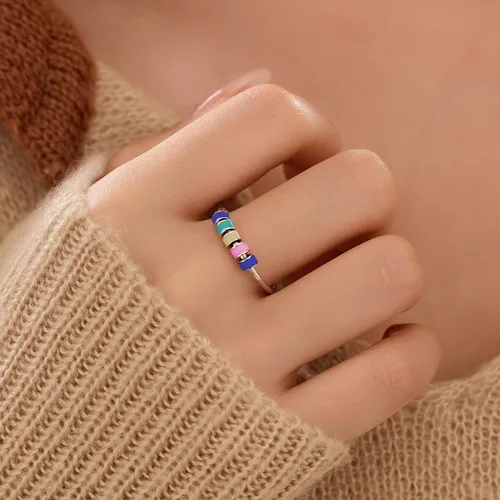 Miniatura 2 de LOVECOM Anillo giratorio de plata de ley 925 con cuentas esmaltadas coloridas para mujer, anillo giratorio antiansiedad, giratorio, apilable