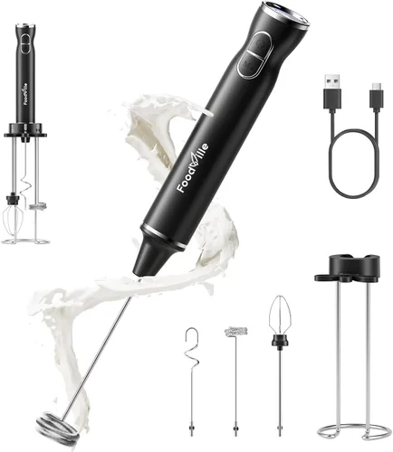 FoodVille MF06 Espumador de leche recargable de 1800 Mah con 9 velocidades y 3 espumadores, pantalla LED, soporte de almacenamiento, para espuma de