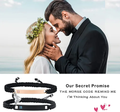 Miniatura 3 de XUANPAI Pulseras para parejas, personalizadas, hechas a mano, con cuerda trenzada, placa de identificación para mujeres y hombres, Metal, no conocido