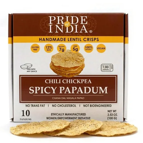 Miniatura 7 de Pride of India Paquete variado de papadum de sabores surtidos – 60 unidades, paquete de 6 (21 onzas/21.16 oz) Patatas fritas de lentejas lisas