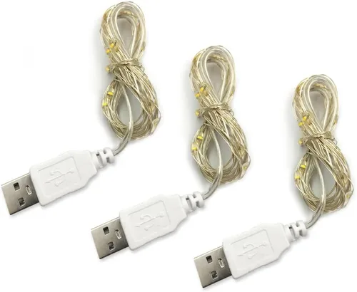 Paquete de 3 luces de hadas USB, luces de cadena alimentadas por USB, color amarillo cálido, 2 metros, 20 lámparas con cuentas, luces LED de