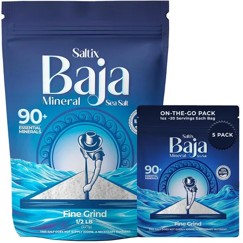 Saltix Baja Mineral Fine Grind - Paquete de sal marina – Bolsa de 8 onzas + 5 paquetes para llevar (1 onza cada uno), bolsa resellable, 100%