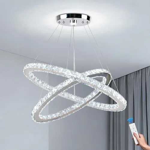Miniatura 12 de Candelabro LED de cristal con iluminación regulable LED moderna lámpara de techo de 3 anillos ajustable de acero inoxidable para dormitorios y sala