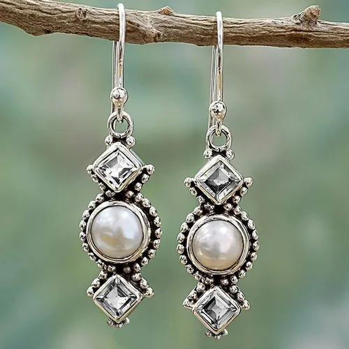 Miniatura 2 de Aretes largos de geometría bohemia, estilo vintage, de cristal verde plateado, para mujer Blanco