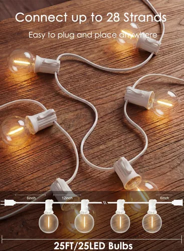 Miniatura 2 de SUNSGNE - Cadena de luces LED G40 de 25 pies para exteriores, luces blancas para patio con 25 bombillas LED transparentes y a prueba de roturas