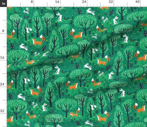 Miniatura 3 de Spoonflower Tela - Zorros esmeralda verde bosque, conejitos del bosque, animales lindos para niños, zorro impreso en tela de gasa, cuarto gordo
