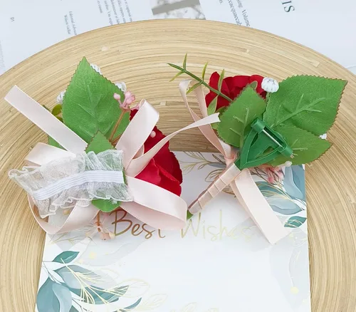 Miniatura 7 de MAFELOE Juego de ramillete de muñeca y boutonniere, accesorios de rosas artificiales para novio, novia, padrinos de boda, damas de honor, boda, Rojo