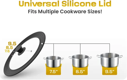 Miniatura 2 de Tapa universal para ollas y sartenes de 7.5 a 9.5 pulgadas, tapa de vidrio templado con borde de silicona de tamaño automático, color negro