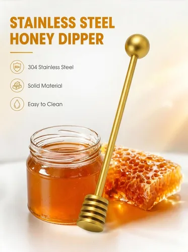 Miniatura 2 de DUGATO Gold Honey Dipper Set (2 unidades, 6.3 pulgadas) – Palitos de panal de acero inoxidable 304 para tarro de miel, rociador de jarabe, agitador